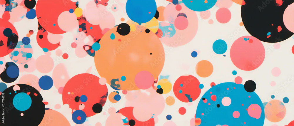 Poster colorful polka dot confetti texture featuring diverse circle sizes scattered across a background