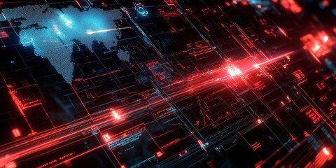 Futuristic digital world map with red and blue data streams.