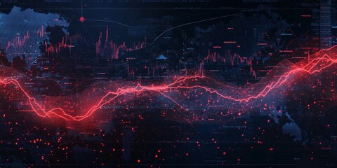 Global financial market data visualization with red and blue glowing lines indicating market trends and world map.