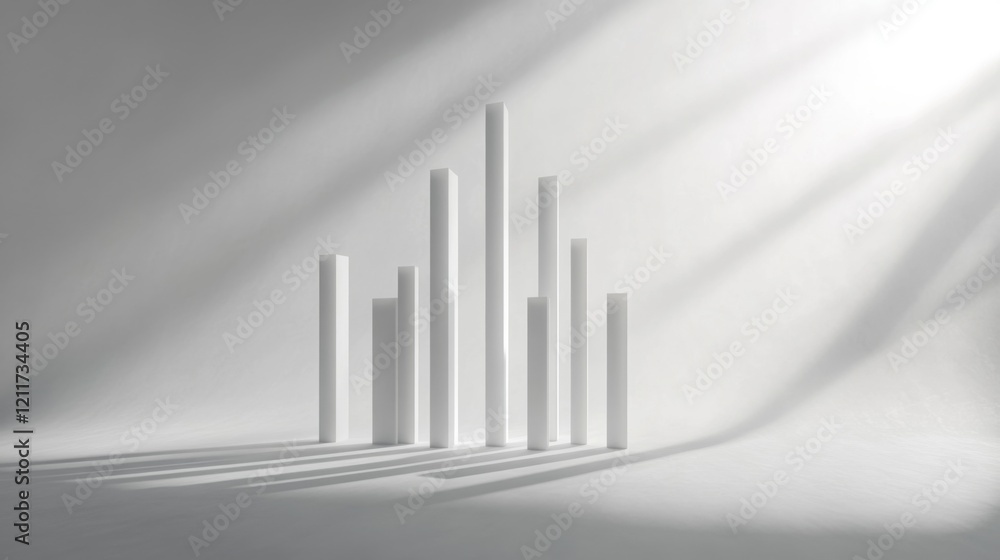 Poster minimalist d bar chart with tall, sleek bars in monochromatic tones, casting shadows on a clean, whi