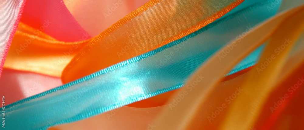 Poster Vibrant polyester ribbons featuring various colors and textures displayed creatively