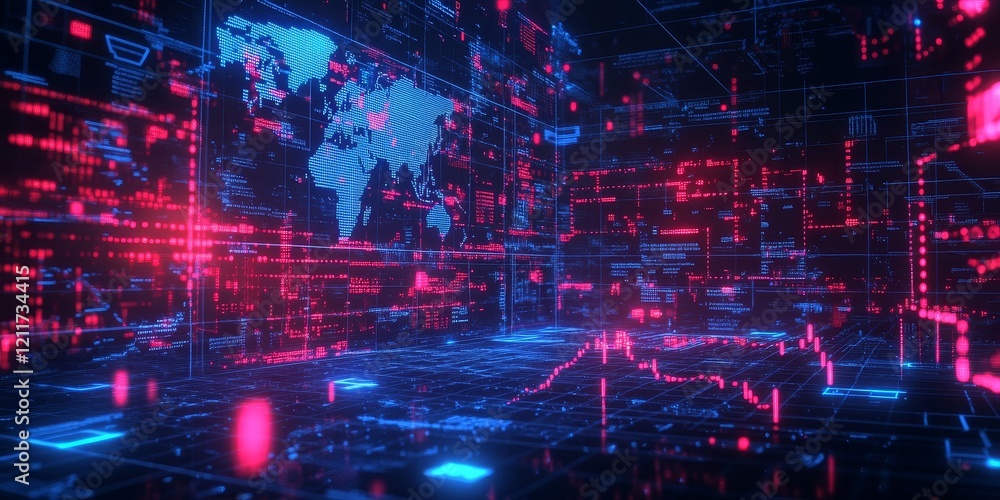 Fototapete global network data visualization with world map and digital information flow.