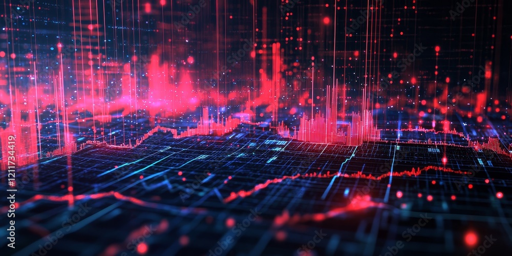 Poster abstract digital landscape with red and blue glowing lines and data streams.