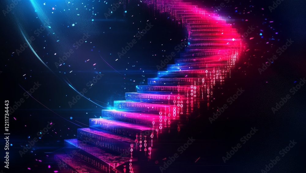 Poster abstract spiral staircase of binary code glowing in vibrant neon pink and blue.