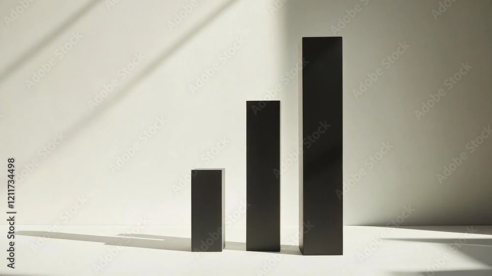 Poster Minimalist D bar chart with tall, sleek bars in monochromatic tones, casting shadows on a clean, white background
