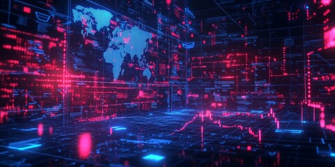 Global network data visualization with world map and digital information flow.