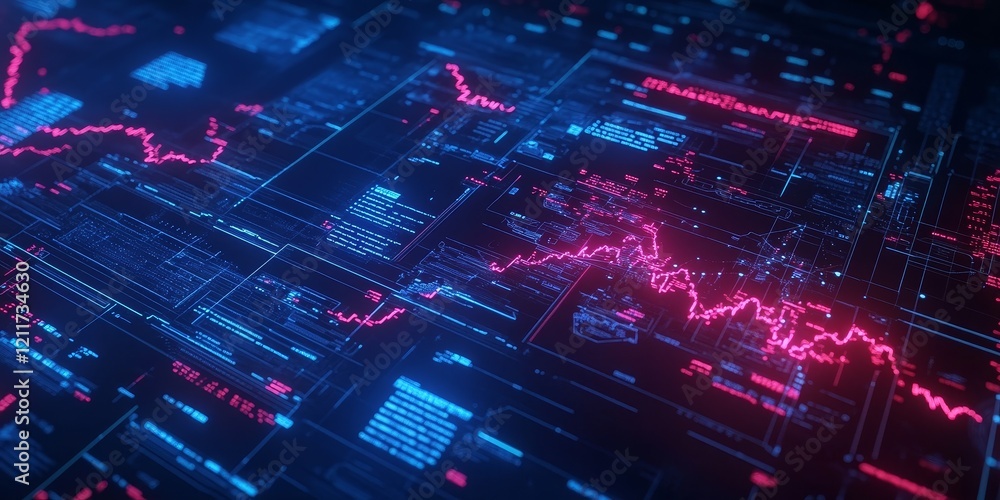 Poster futuristic digital data stream with pink and blue graphs and charts.