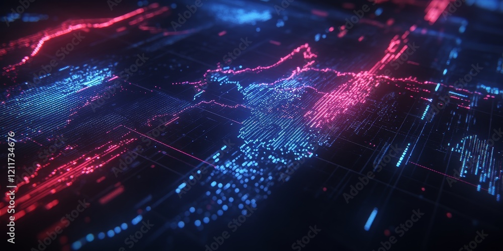 Poster abstract digital map with glowing red and blue lines forming a futuristic network.