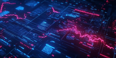 Futuristic digital data stream with pink and blue graphs and charts.