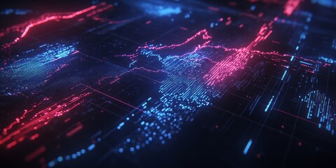 Abstract digital map with glowing red and blue lines forming a futuristic network.