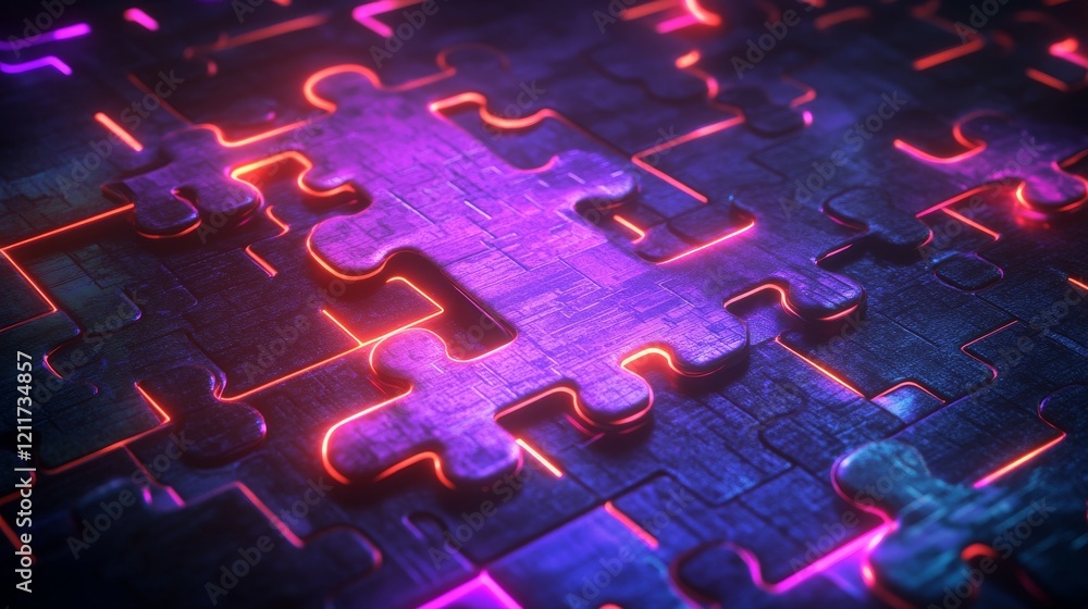 Poster digital technology, business, and data connection concept. glowing puzzle pieces and circuit board. 