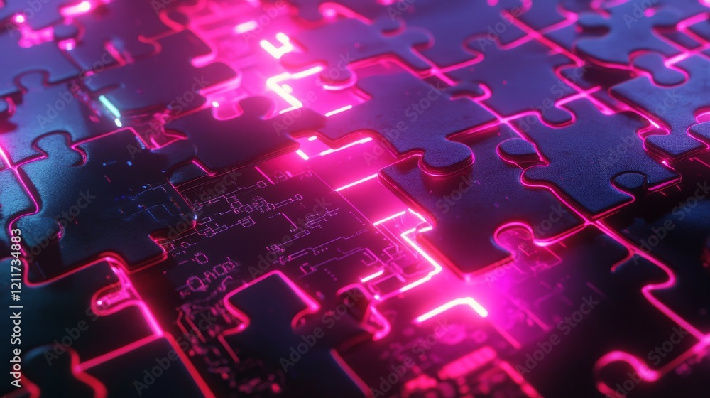 Aufkleber digital technology, business, and data connection concept. glowing puzzle pieces and circuit board. 