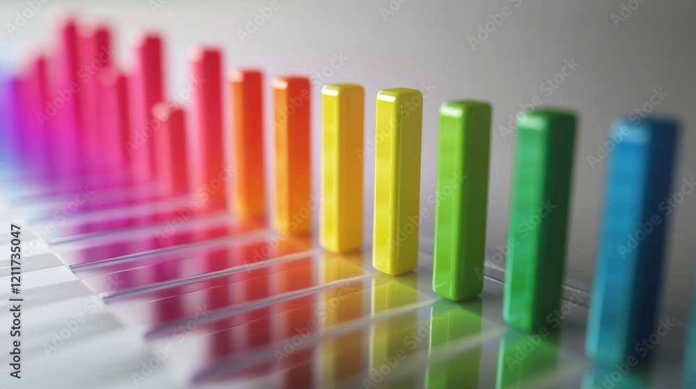 Poster multi-colored d bar graph on a glossy surface, with each bar casting distinct shadows, giving a shar