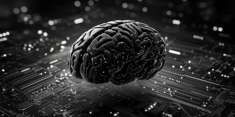 3D human brain model on a circuit board.