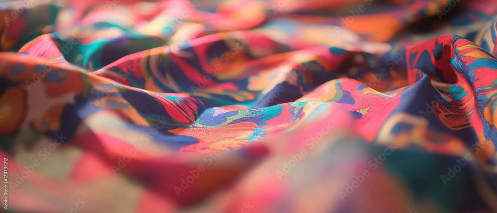 Poster Vibrant printed silk fabric with intricate patterns in rich colors and soft texture