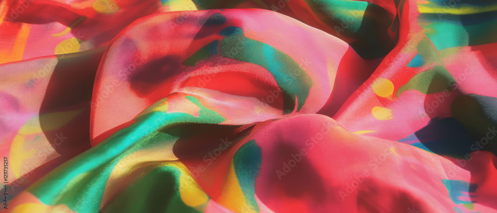 Poster Vibrant printed silk fabric with colorful patterns creating a stunning visual appeal