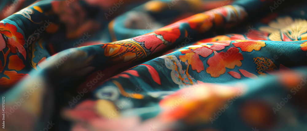 Poster Vibrant printed silk with intricate patterns and rich colors displayed elegantly