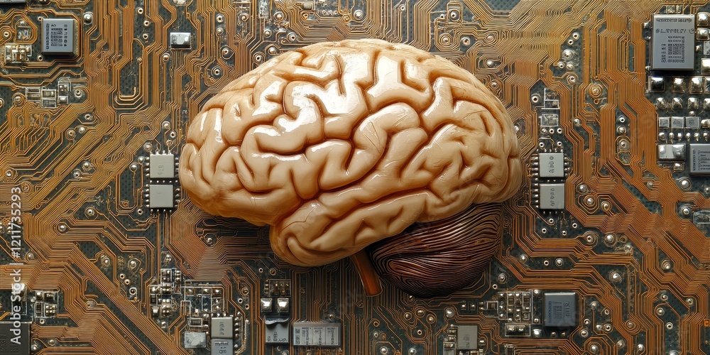 Poster human brain model on a circuit board, representing artificial intelligence and neural networks.