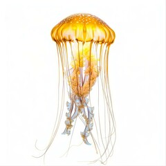 Chrysaora fuscescens jellyfish swimming in the ocean with long tentacles and white background