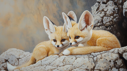 Fototapeta premium Adorable Fennec Fox Kits Resting on Rocks