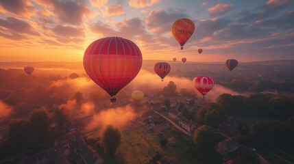 Obraz premium Hot Air Balloons over Misty Sunrise Landscape