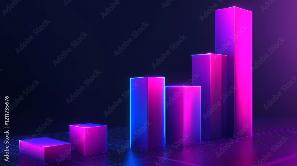 Poster stylized bar graph with glowing bars in neon colors, set against a dark, tech-inspired background fo