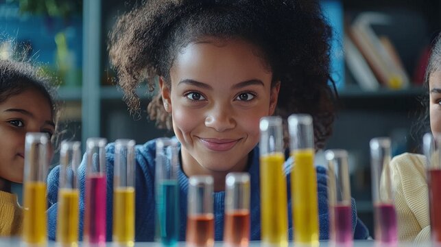 Enthusiastic elementary school teacher guiding students through a colorful science experiment with test tubes filled with brightly colored liquids,