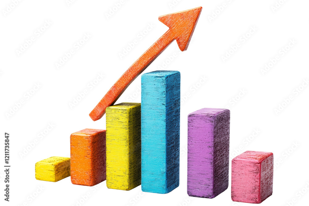 Aufkleber creative bar graph illustrating growth trends with colorful blocks and an upward arrow isolated on t