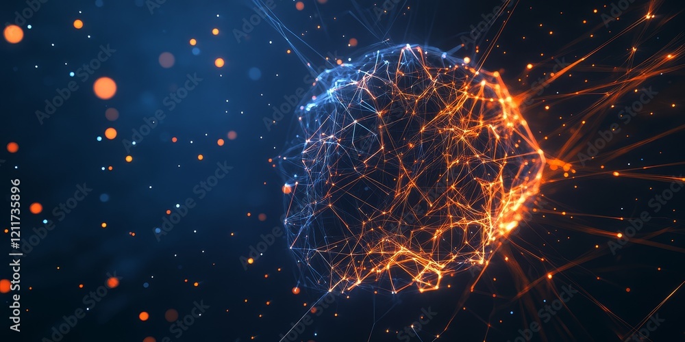 Poster abstract glowing sphere with network connections and particles.