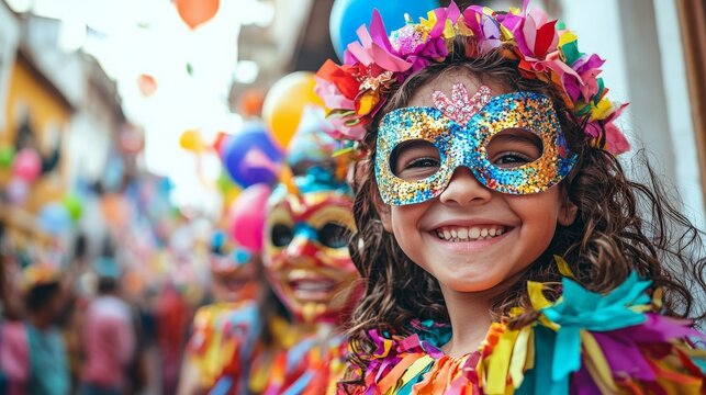 Festive street scene with children and adults wearing bright masks and costumes,