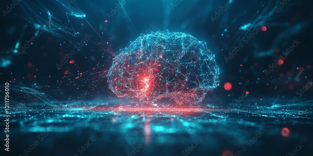 Poster abstract glowing brain neural network.