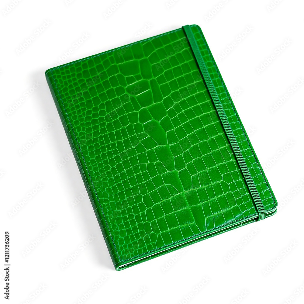 Poster green notebook with crocodile pattern on white background