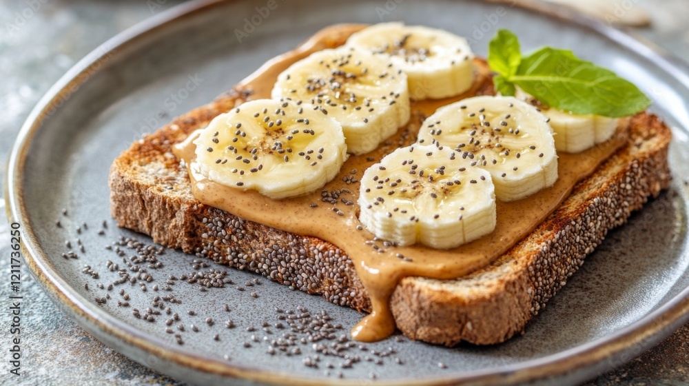 Poster Toast topped with creamy peanut butter and banana slices, sprinkled with chia seeds, creating a nutritious and delicious breakfast option