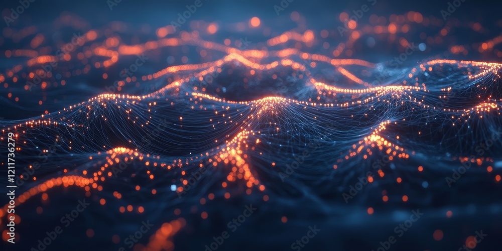 Poster abstract glowing digital landscape with flowing data streams and particles.
