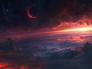 Naklejka premium Crescent-shaped red moon glows amidst a dramatic twilight sky with fiery clouds, creating a surreal and intense scene with a sense of otherworldly beauty and cosmic energy.