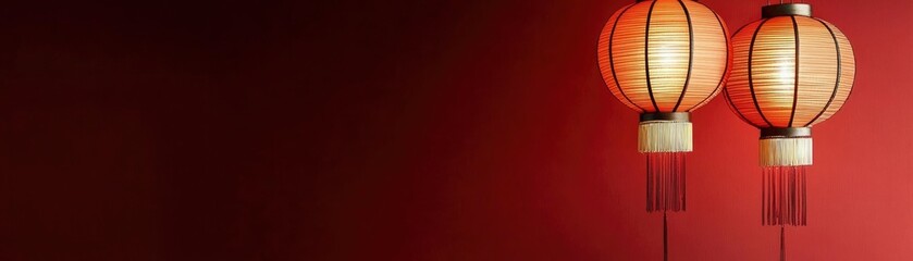 Two illuminated Chinese lanterns hang against a red wall