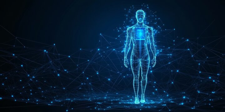 Digital human body with glowing blue network connection.