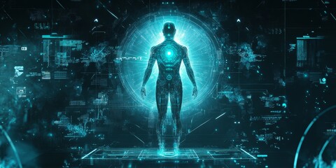 Futuristic human figure in digital interface.