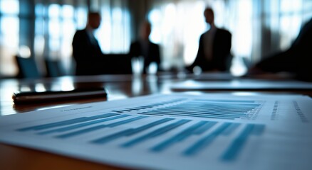 Business meeting with focus on report and blurred figures in background