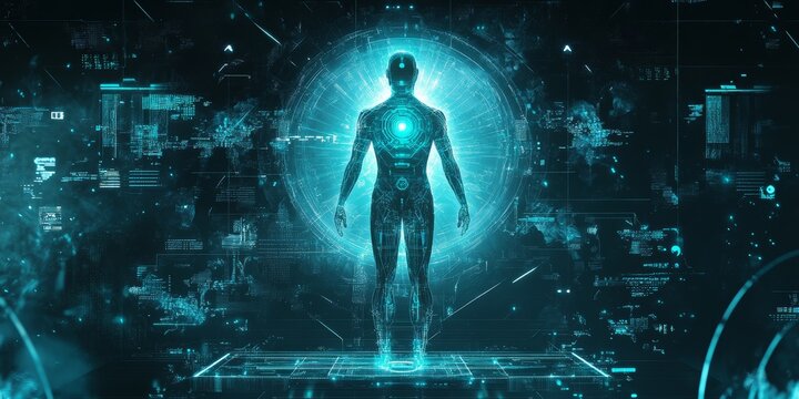 Futuristic human figure in digital interface.