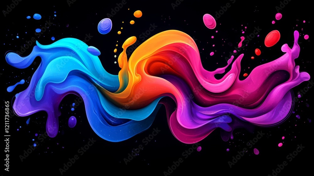 Poster vibrant, gradient-colored blobs and fluid shapes on a black background, giving a modern and abstract