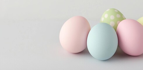 Fototapeta premium Pastel easter idea. Colorful pastel Easter eggs arranged on a light background for festive decoration.
