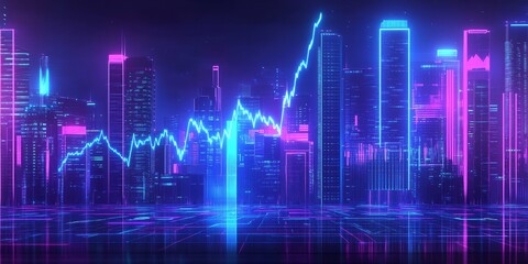 Neon cityscape with a vibrant stock market graph overlay.