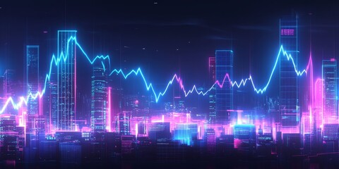 Neon cityscape with fluctuating stock market graph overlay.
