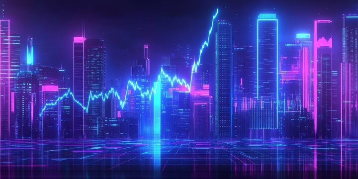 Neon cityscape with a vibrant stock market graph overlay.
