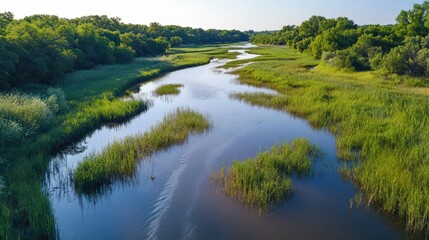 Fototapeta premium River ecosystems nurtured by technology; innovative restoration projects, multi-community collaboration for clean water preservation, advanced conservation modules.