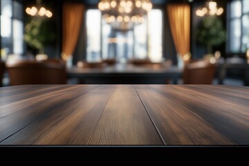 Fototapeta premium Elegant restaurant interior with empty table modern ambiance blurred view