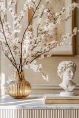 A beautifully styled vase with cherry blossom branches and a classical bust creating an aesthetic interior composition.