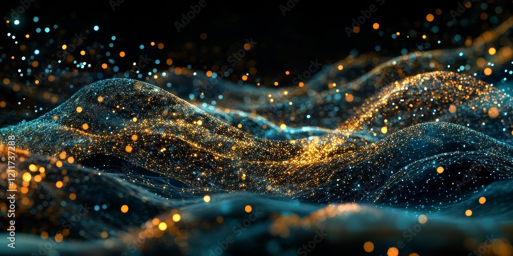 Poster abstract glittering wave texture background with teal and gold particles.