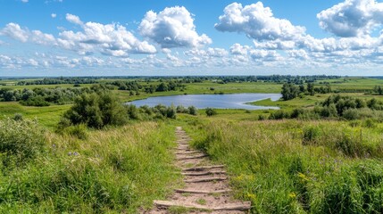 Scenic path descending to tranquil lake, summer landscape